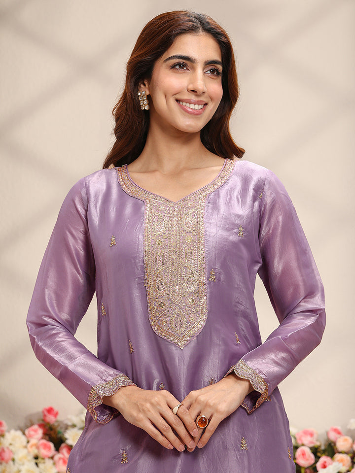 Lavender Ethnic Embroidered Organza Straight Suit Set With Dupatta