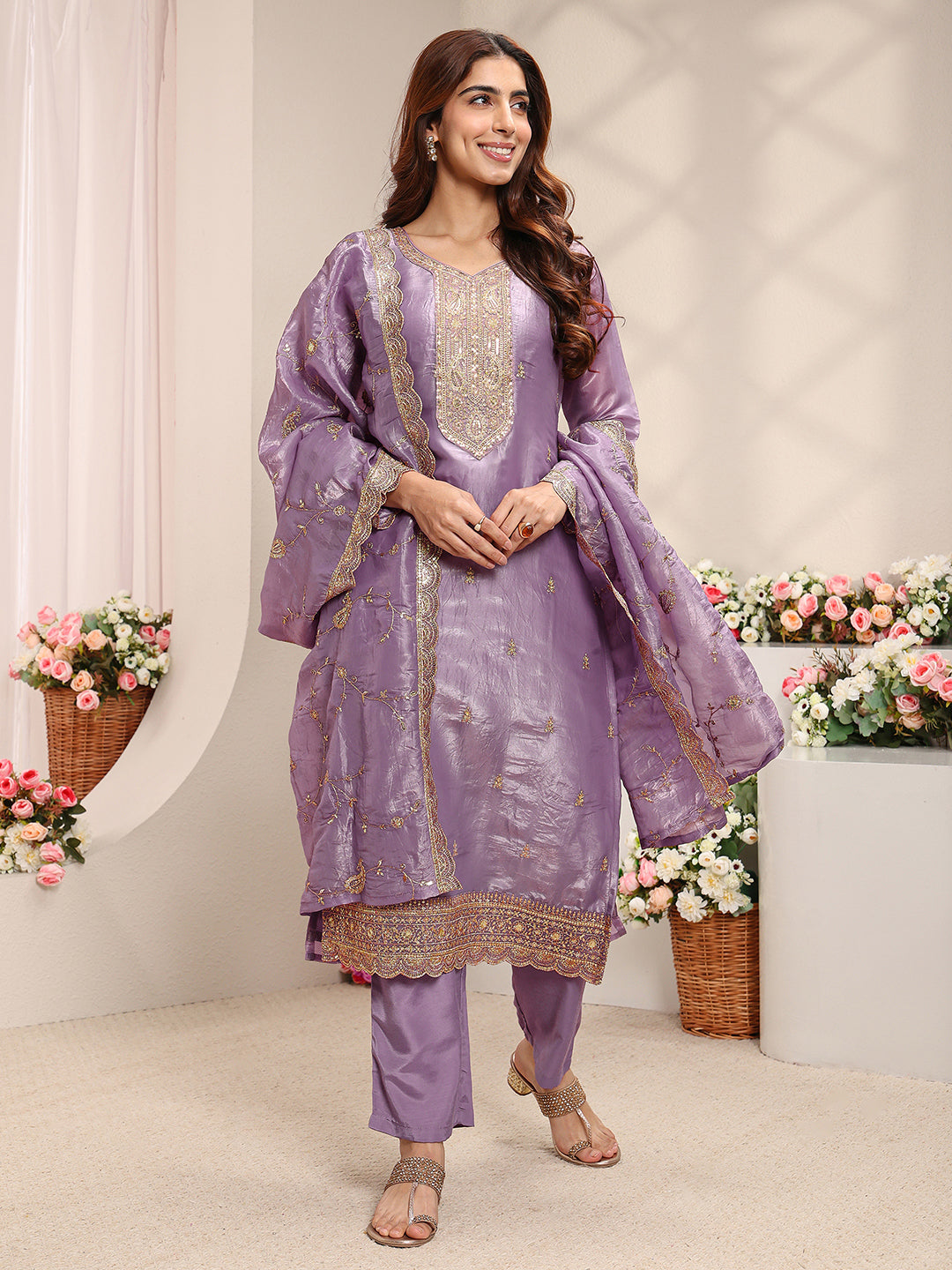 Lavender Ethnic Embroidered Organza Straight Suit Set With Dupatta