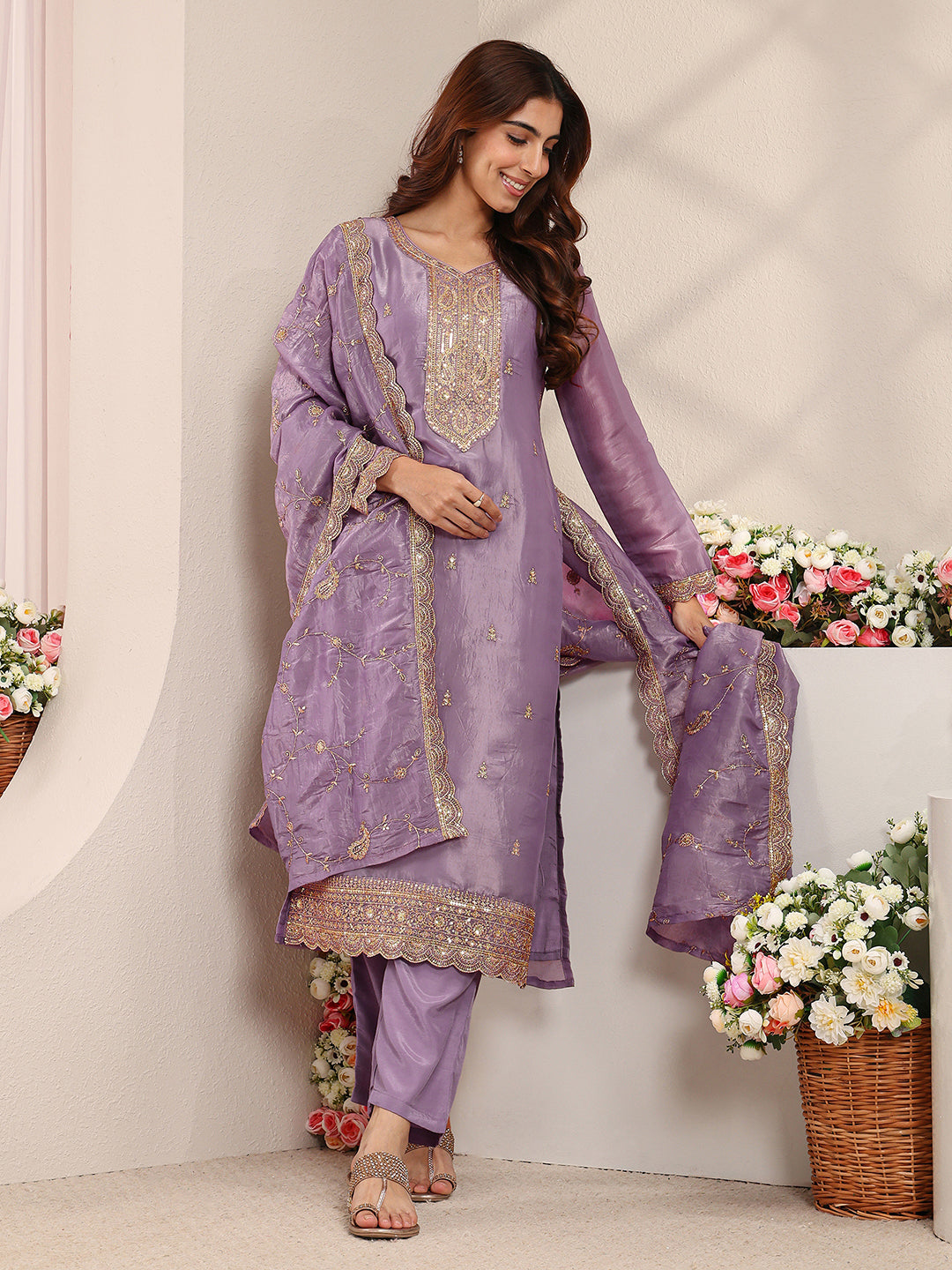 Lavender Ethnic Embroidered Organza Straight Suit Set With Dupatta