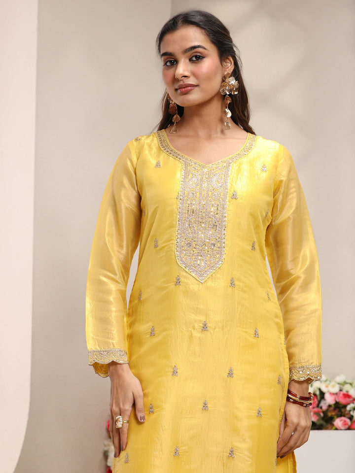 Yellow Embellished Organza Straight Suit Set With Dupatta