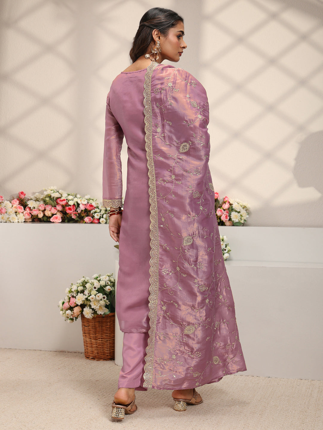 Mauve Embellished Organza Straight Suit Set With Dupatta