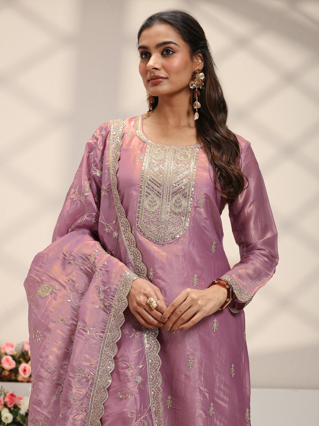 Mauve Embellished Organza Straight Suit Set With Dupatta