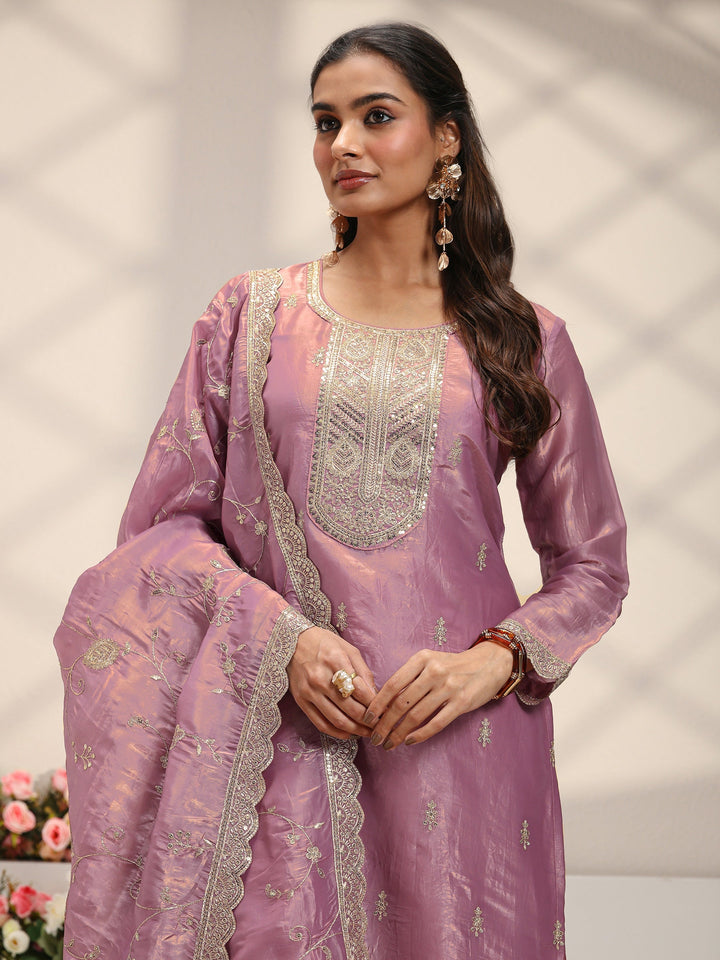 Mauve Embellished Organza Straight Suit Set With Dupatta