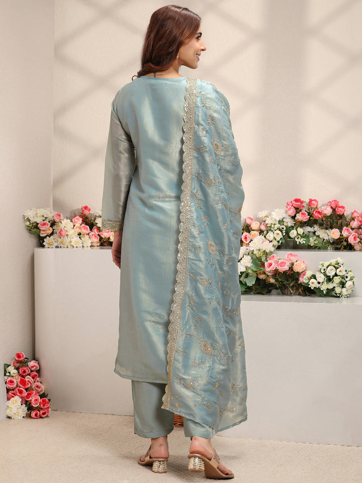 Blue Embellished Organza Straight Suit Set With Dupatta