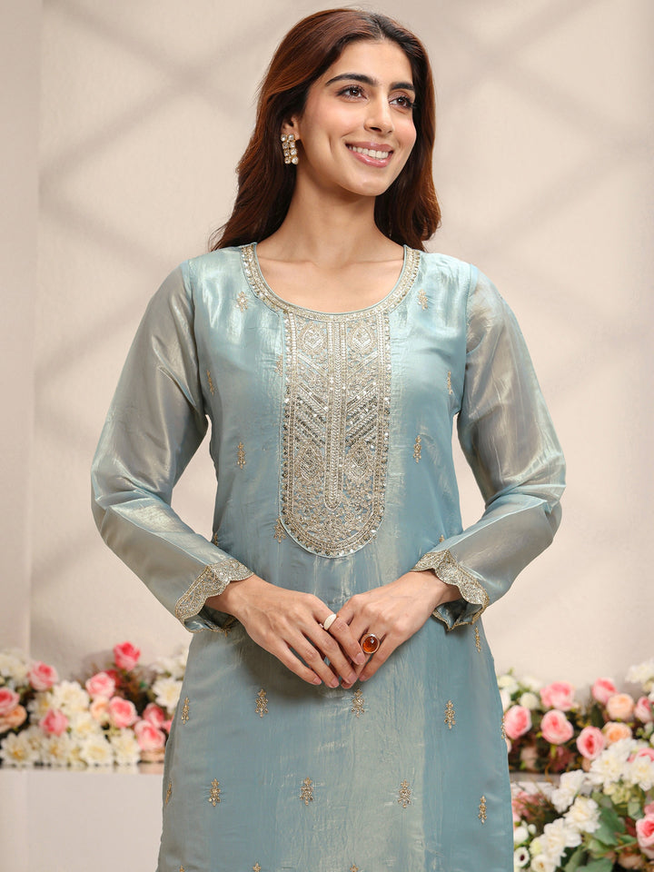 Blue Embellished Organza Straight Suit Set With Dupatta