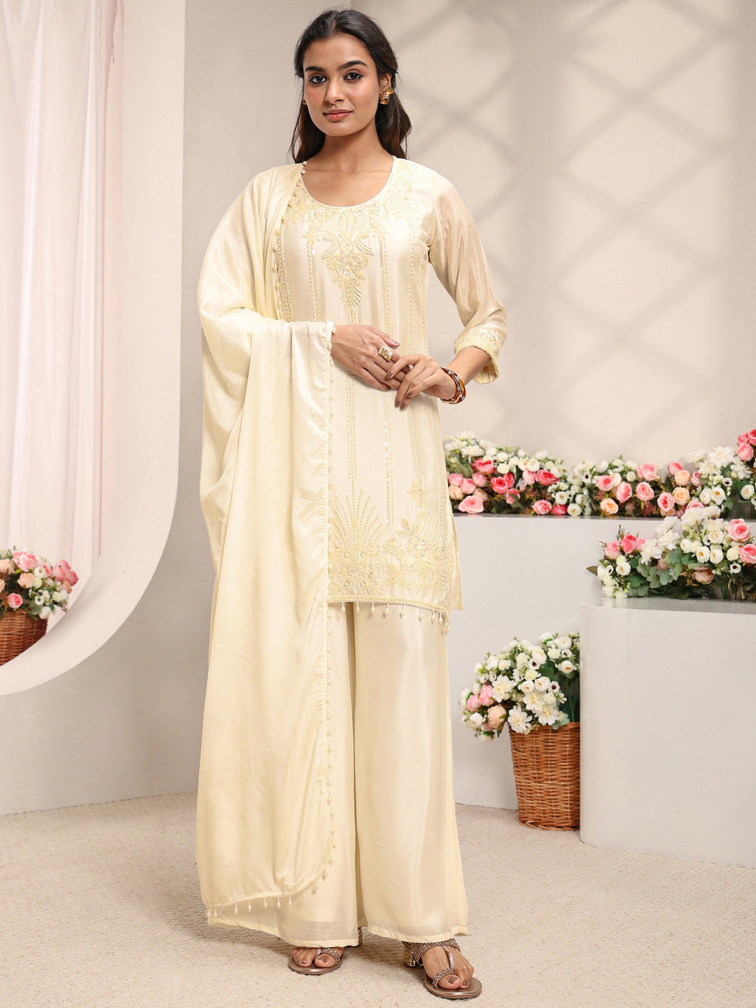 Off White Embellished Chinon Straight Suit Set With Dupatta
