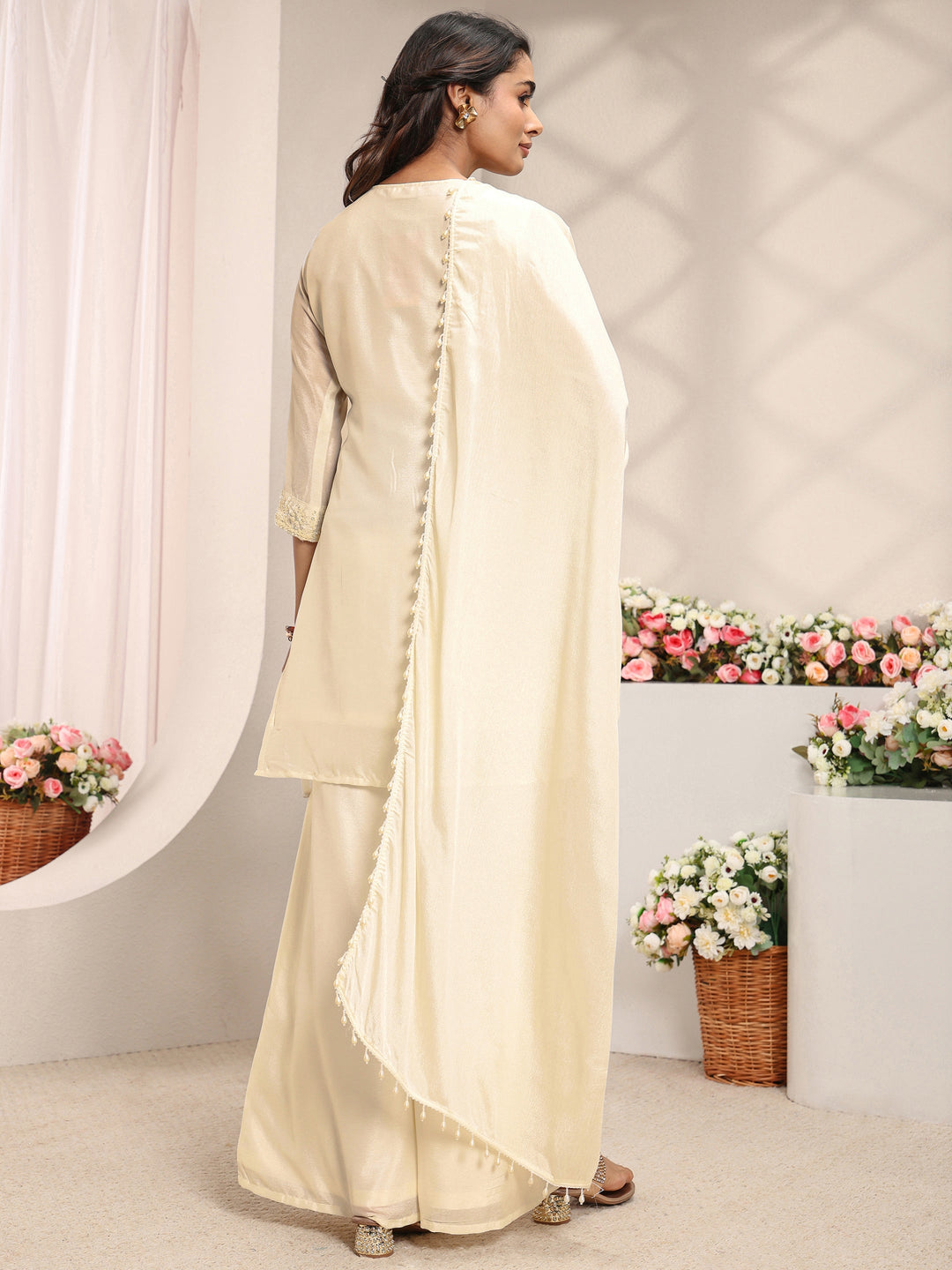 Off White Embellished Chinon Straight Suit Set With Dupatta