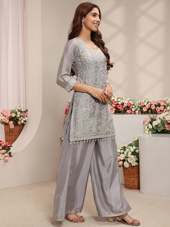 Grey Embellished Chinon Straight Suit Set With Dupatta