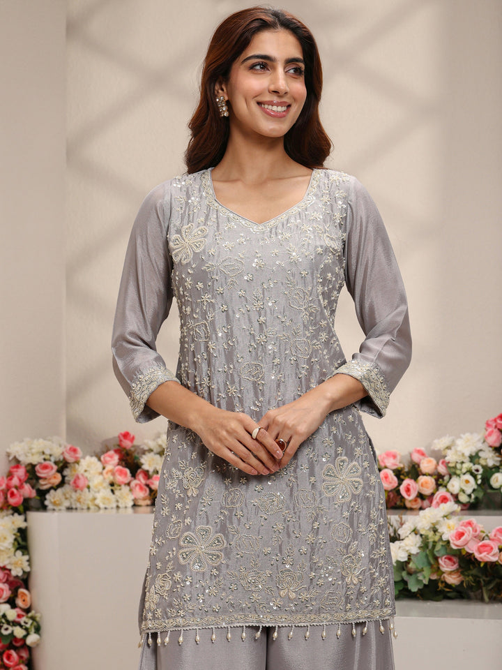 Grey Embellished Chinon Straight Suit Set With Dupatta