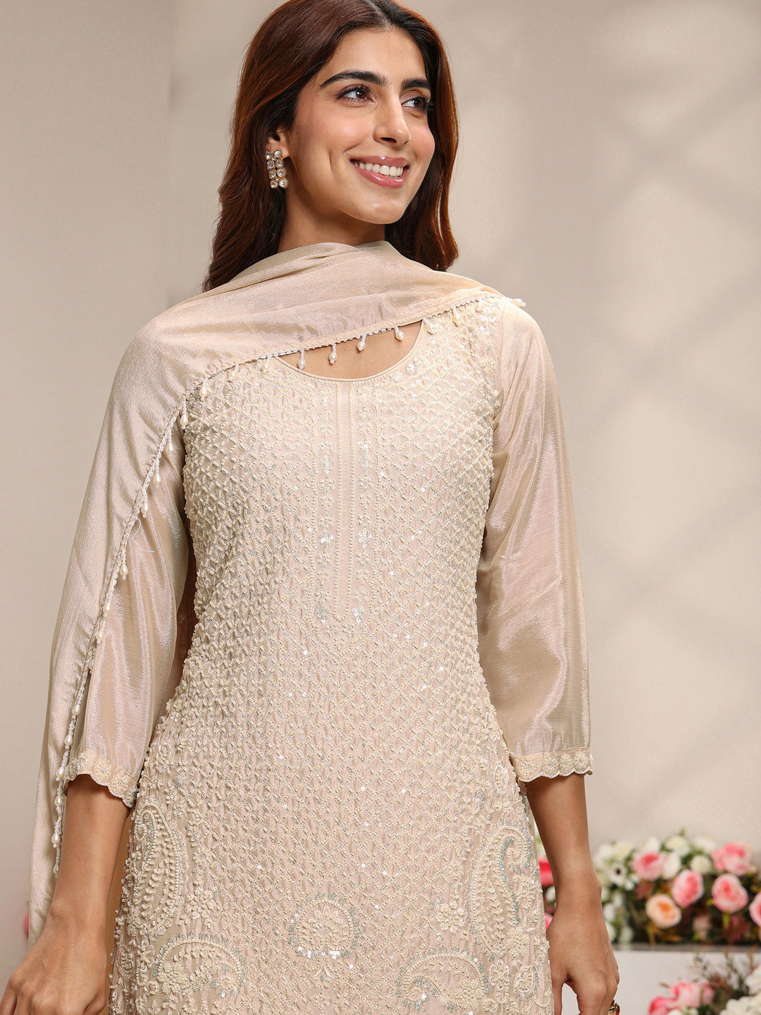 Beige Embellished Chinon Straight Suit Set With Dupatta
