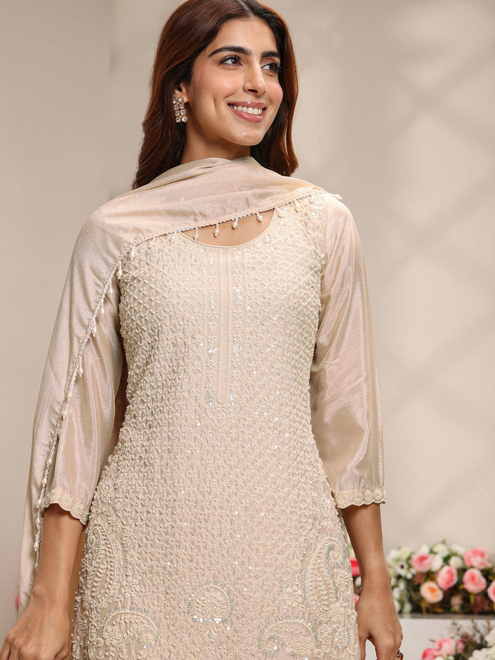 Beige Embellished Chinon Straight Suit Set With Dupatta