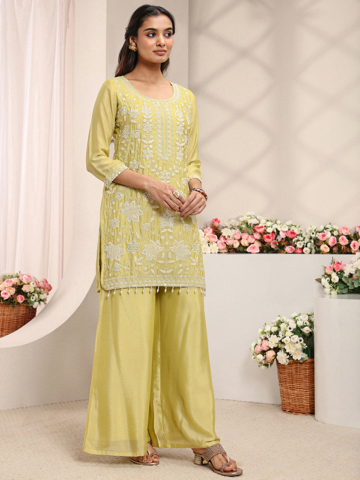 Yellow Floral Embellished Chinon Straight Suit Set With Dupatta