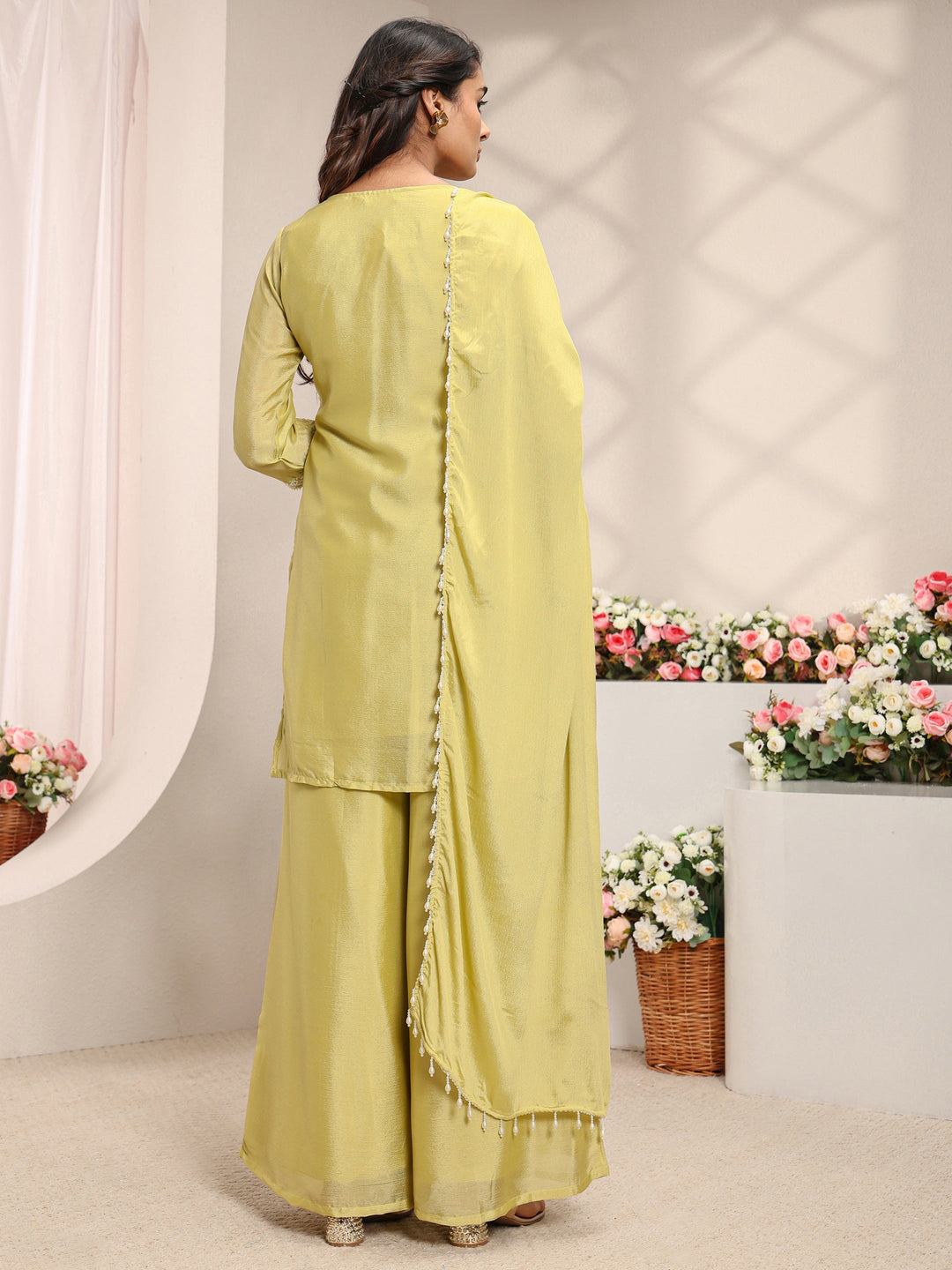 Yellow Floral Embellished Chinon Straight Suit Set With Dupatta