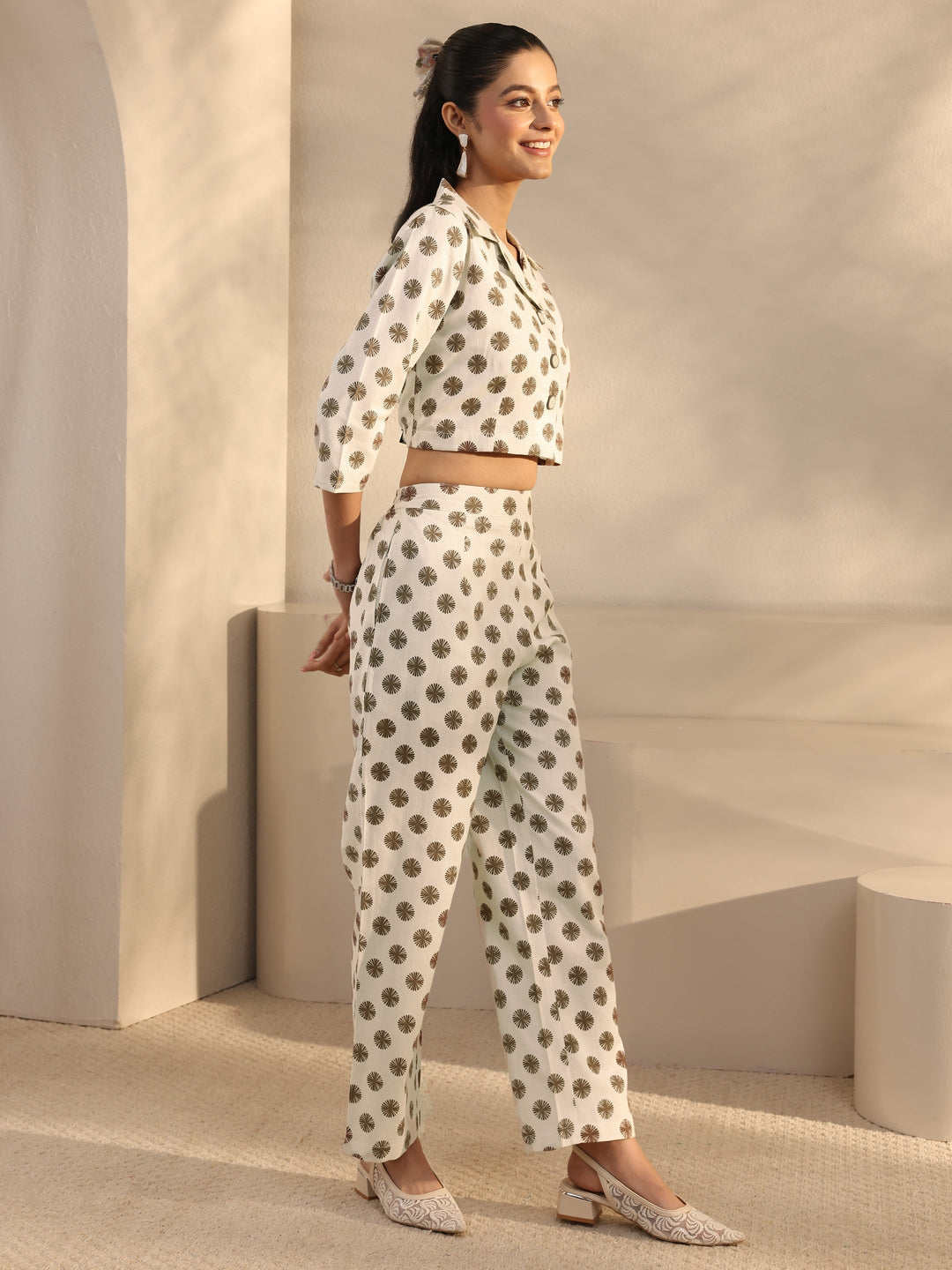 Off White Geometric Printed Cotton Blend Co-Ord Set