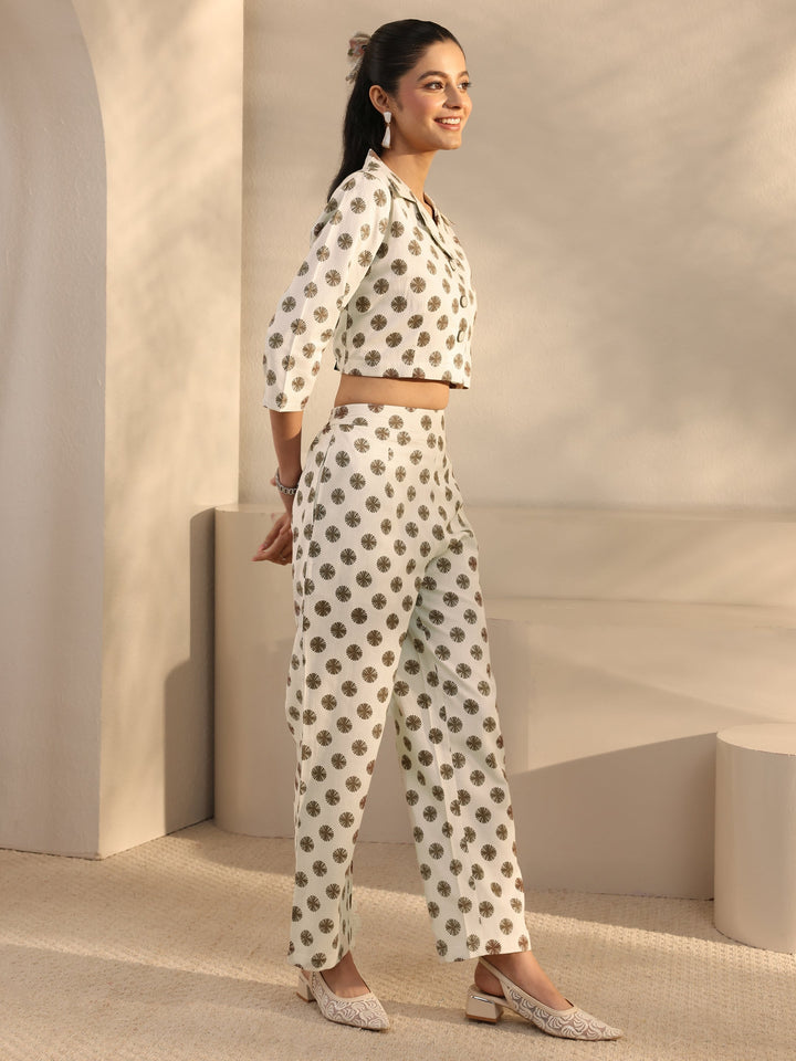 Off White Geometric Printed Cotton Blend Co-Ord Set