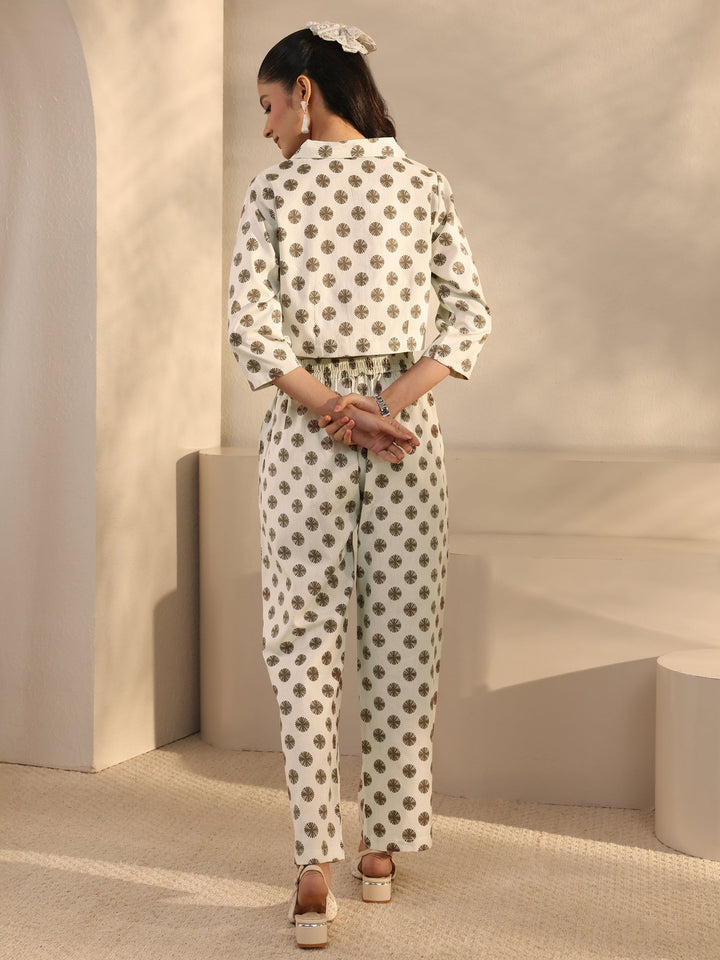Off White Geometric Printed Cotton Blend Co-Ord Set