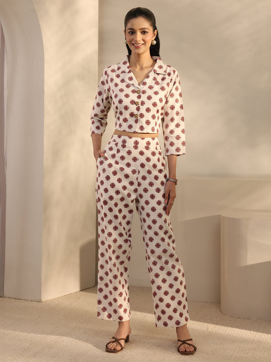 Off White Geometric Printed Cotton Blend Co-Ord Set