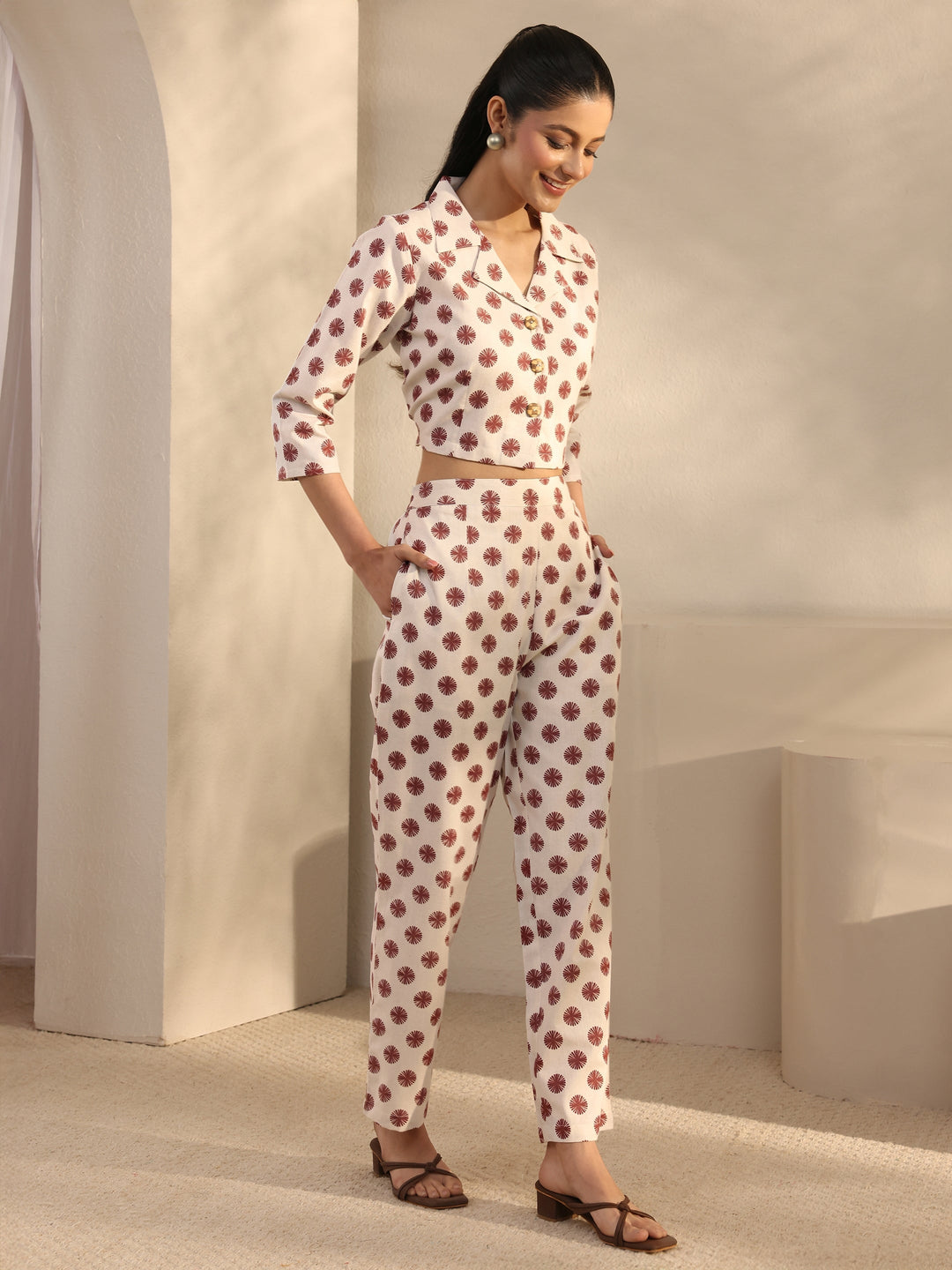 Off White Geometric Printed Cotton Blend Co-Ord Set