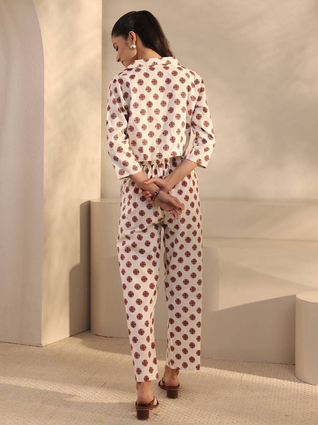 Off White Geometric Printed Cotton Blend Co-Ord Set