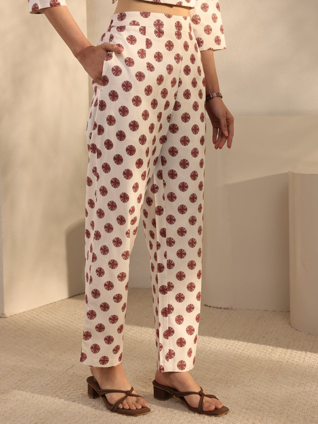 Off White Geometric Printed Cotton Blend Co-Ord Set
