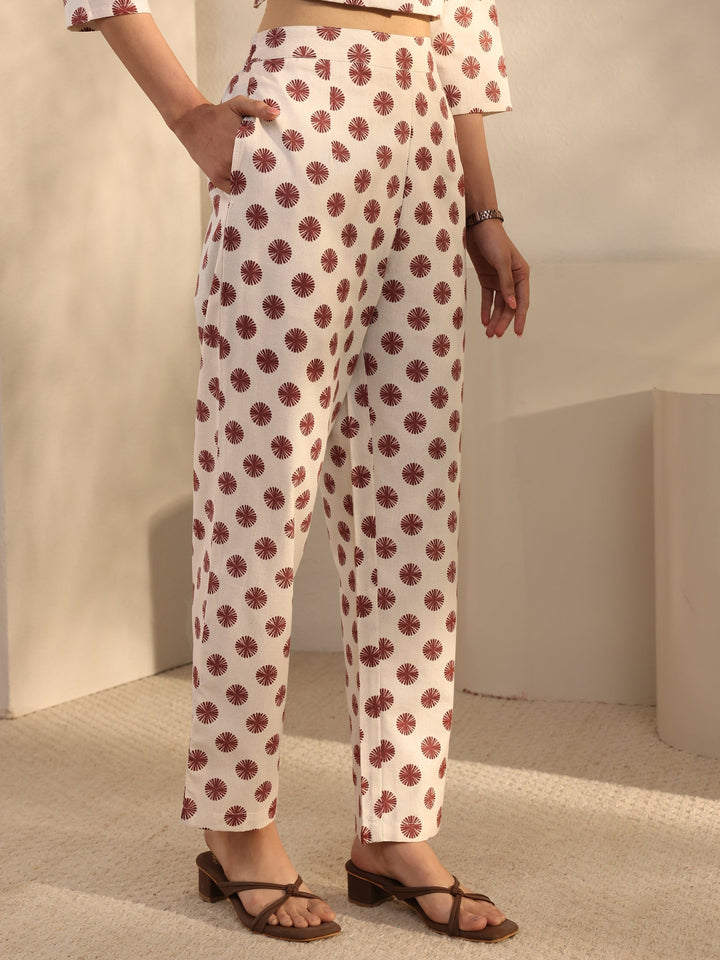 Off White Geometric Printed Cotton Blend Co-Ord Set