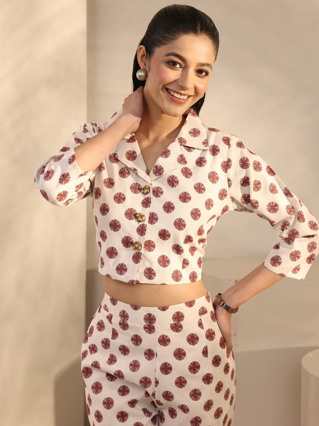 Off White Geometric Printed Cotton Blend Co-Ord Set