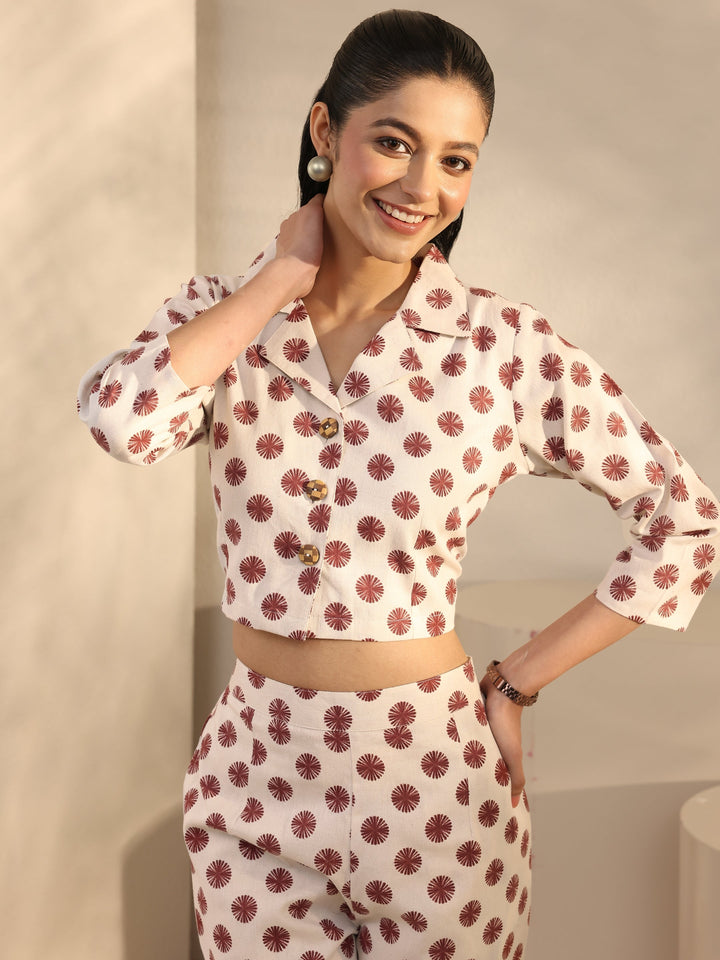 Off White Geometric Printed Cotton Blend Co-Ord Set
