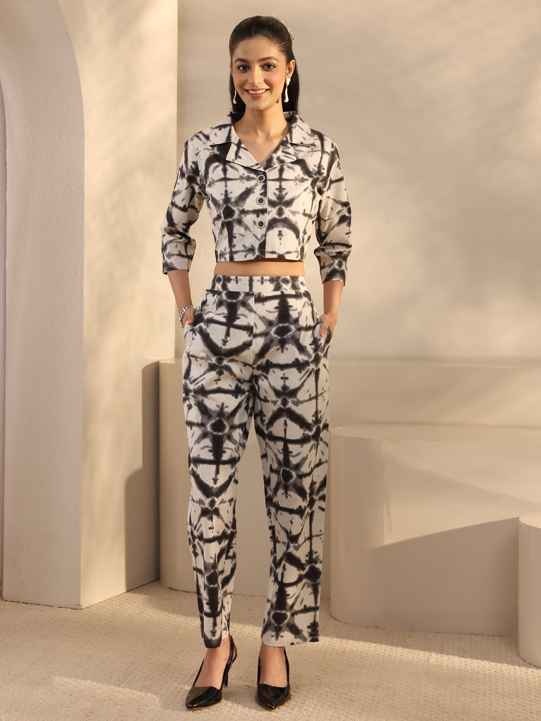 Off White Abstract Printed Cotton Blend Co-Ord Set
