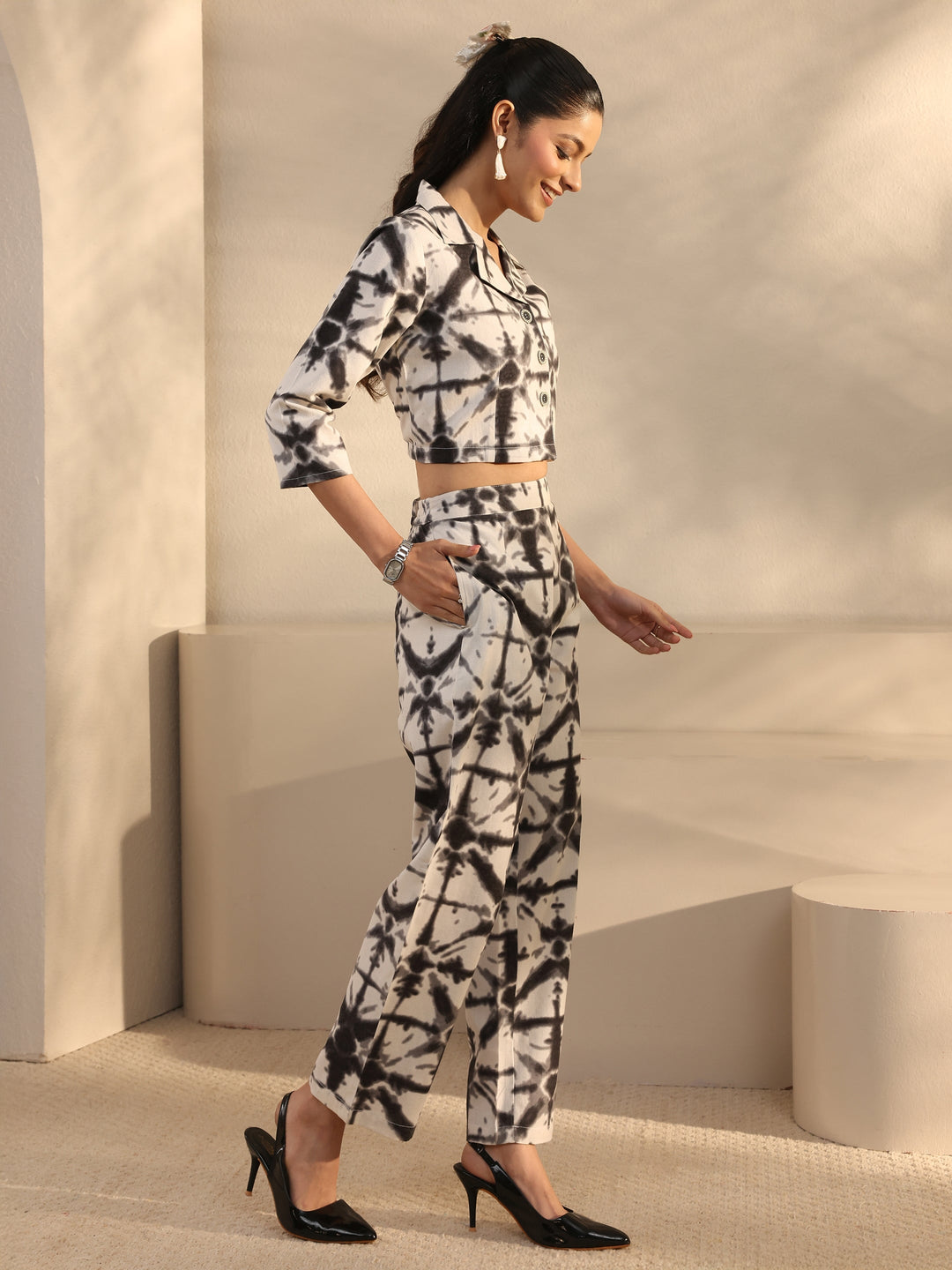 Off White Abstract Printed Cotton Blend Co-Ord Set