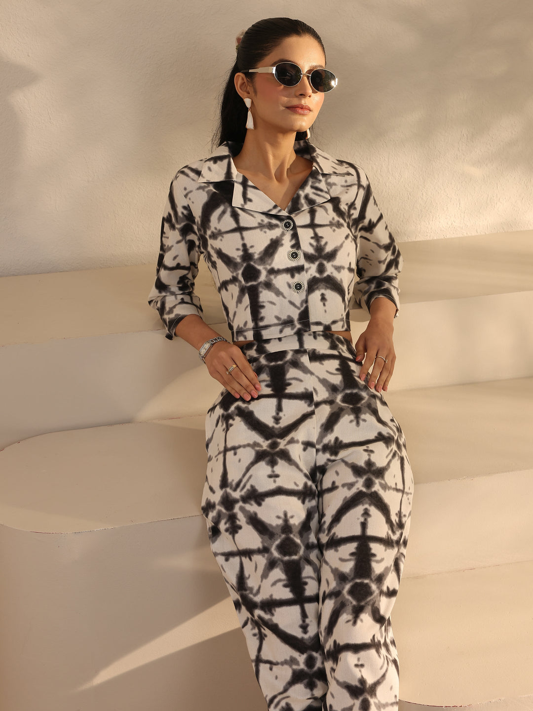 Off White Abstract Printed Cotton Blend Co-Ord Set