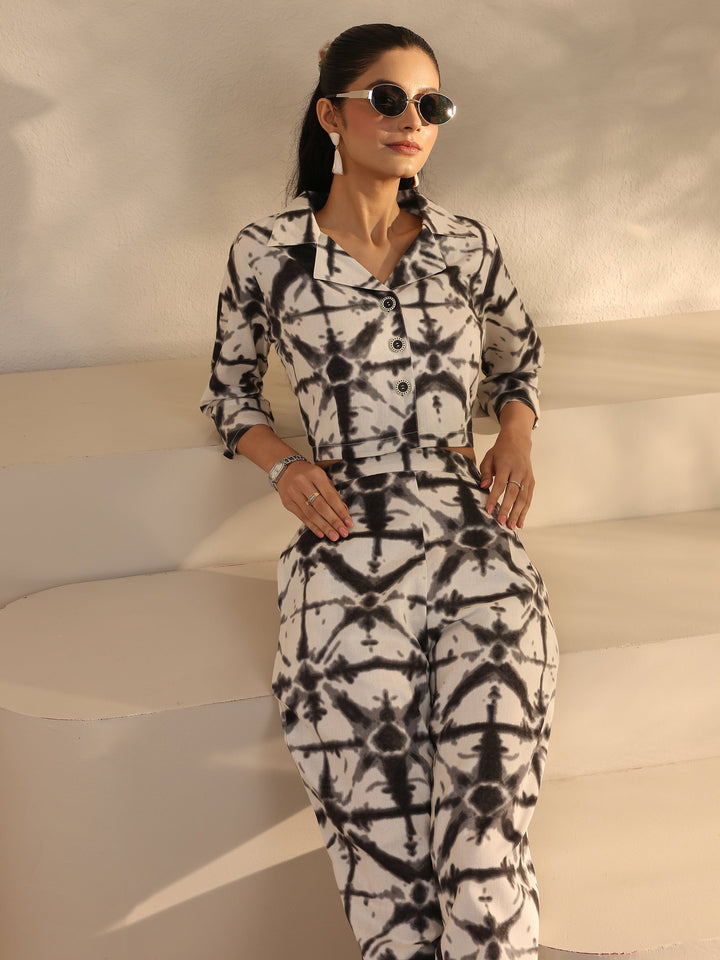 Off White Abstract Printed Cotton Blend Co-Ord Set