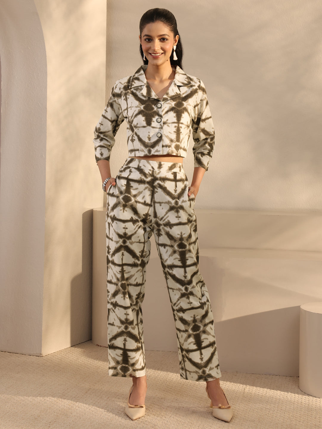 Off White Abstract Printed Cotton Blend Co-Ord Set