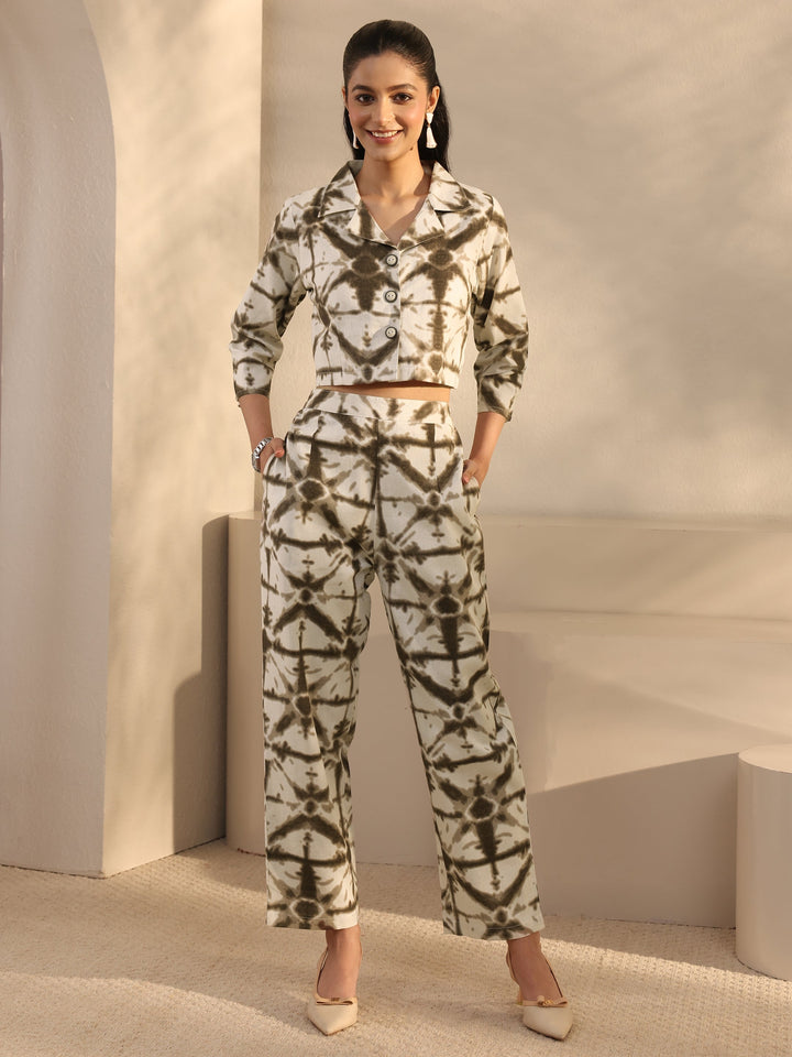 Off White Abstract Printed Cotton Blend Co-Ord Set