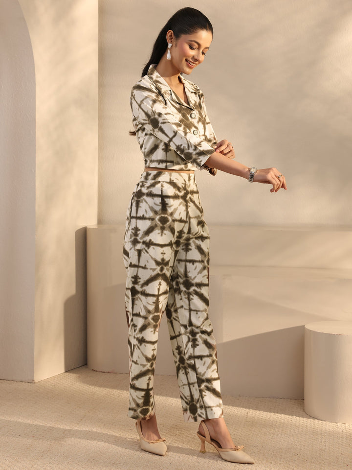 Off White Abstract Printed Cotton Blend Co-Ord Set