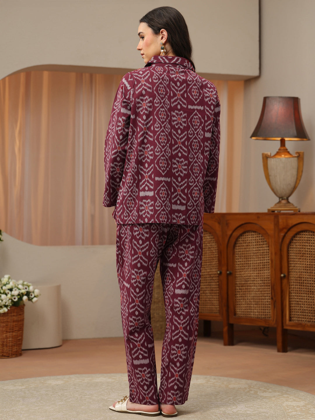 Maroon Printed Cotton Blend Co-Ord Set