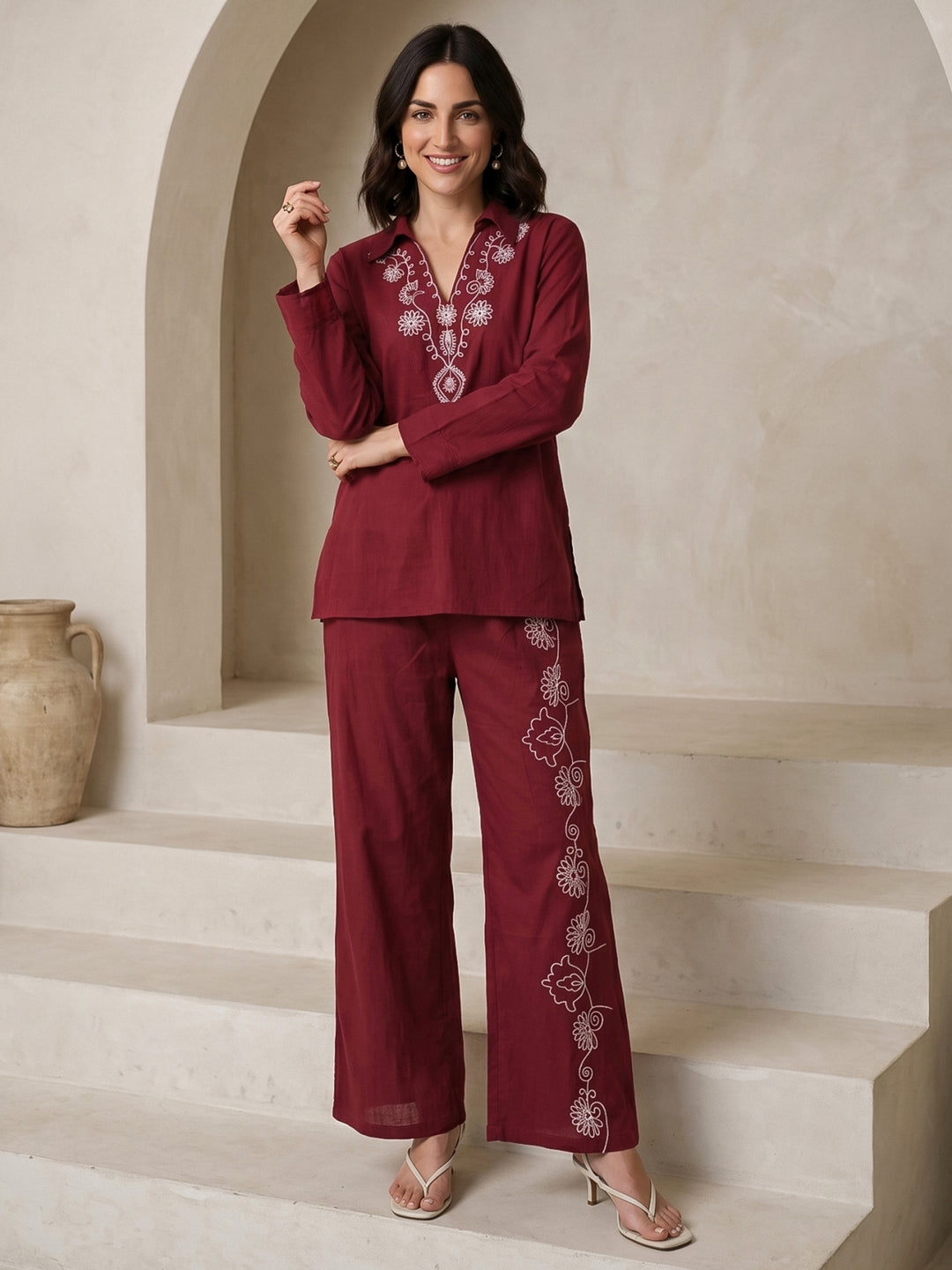 Libas Maroon Embroidered Cotton Blend Co-Ord Set