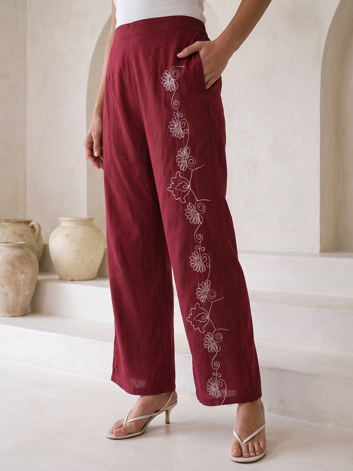 Libas Maroon Embroidered Cotton Blend Co-Ord Set