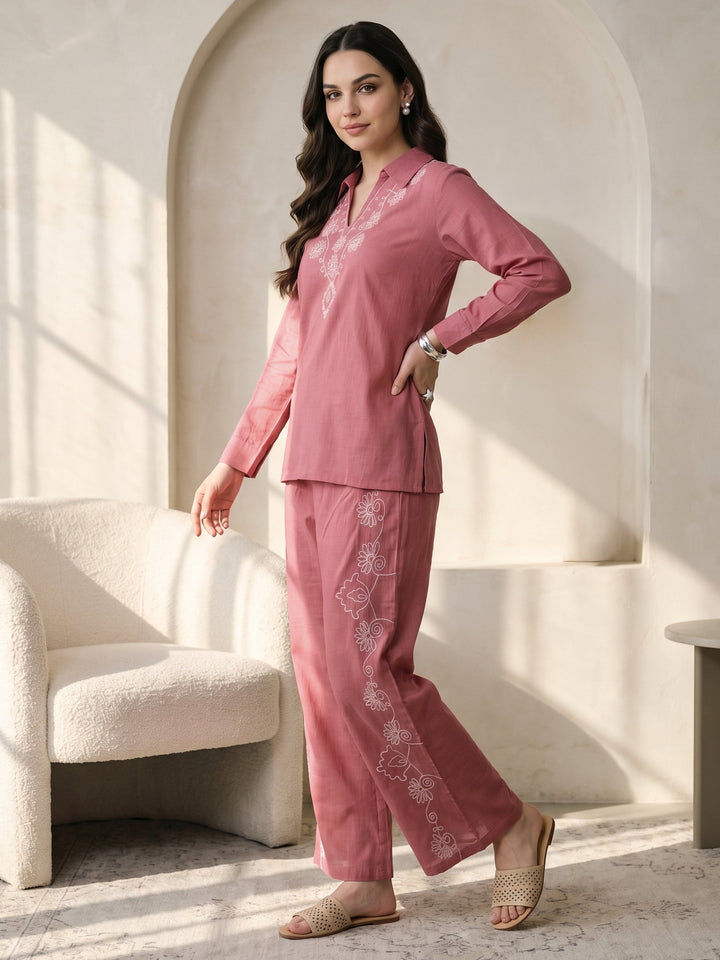 Libas Mauve Embroidered Cotton Blend Co-Ord Set