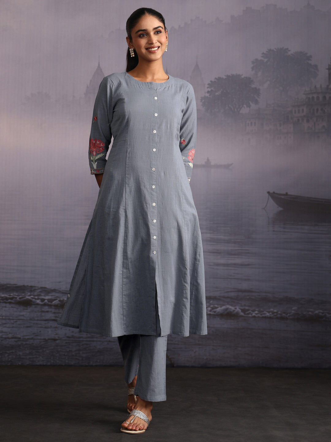 Libas Slate Blue Floral Embroidered Cotton Co-Ord Set