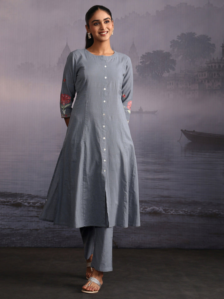 Libas Slate Blue Floral Embroidered Cotton Co-Ord Set