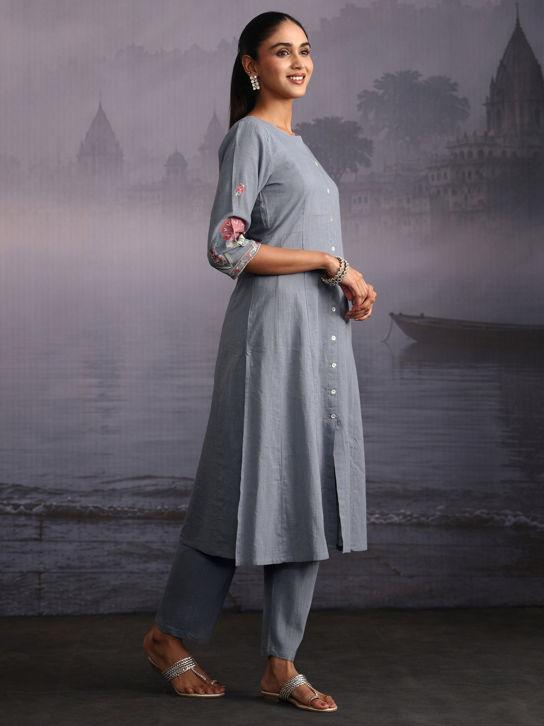 Libas Slate Blue Floral Embroidered Cotton Co-Ord Set