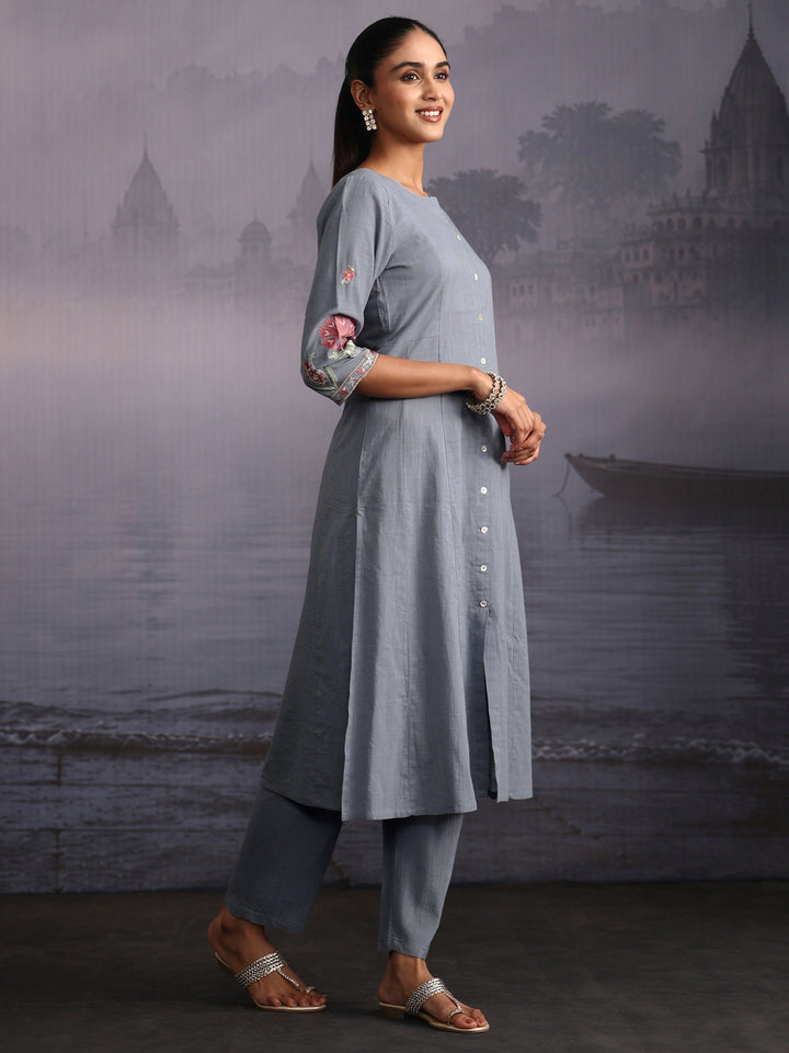 Libas Slate Blue Floral Embroidered Cotton Co-Ord Set