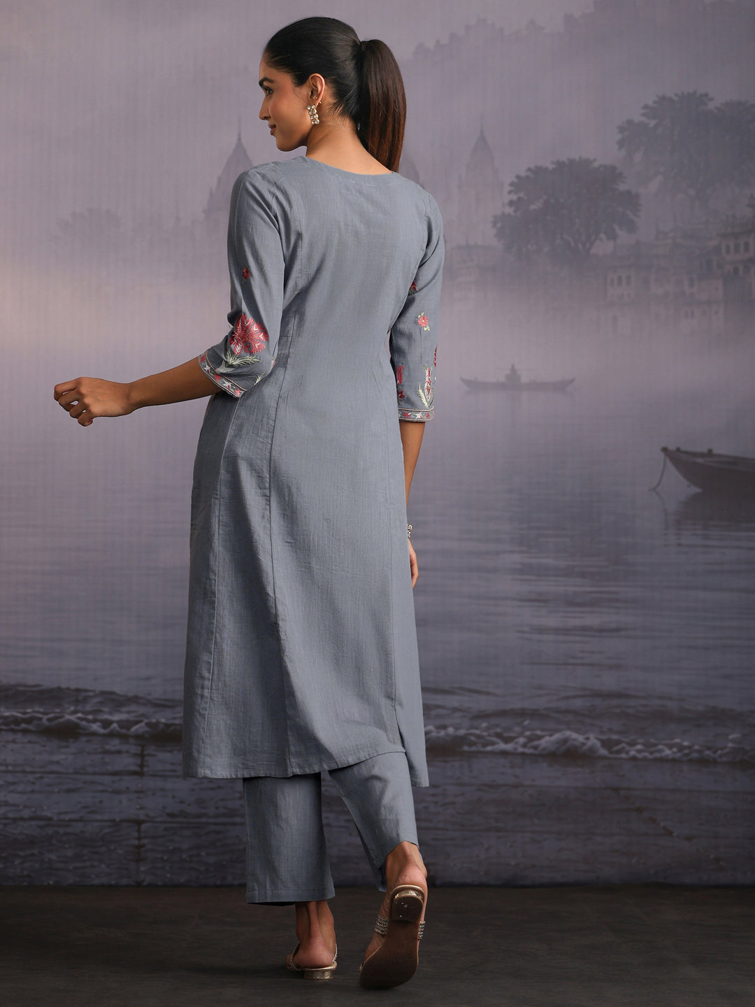 Libas Slate Blue Floral Embroidered Cotton Co-Ord Set