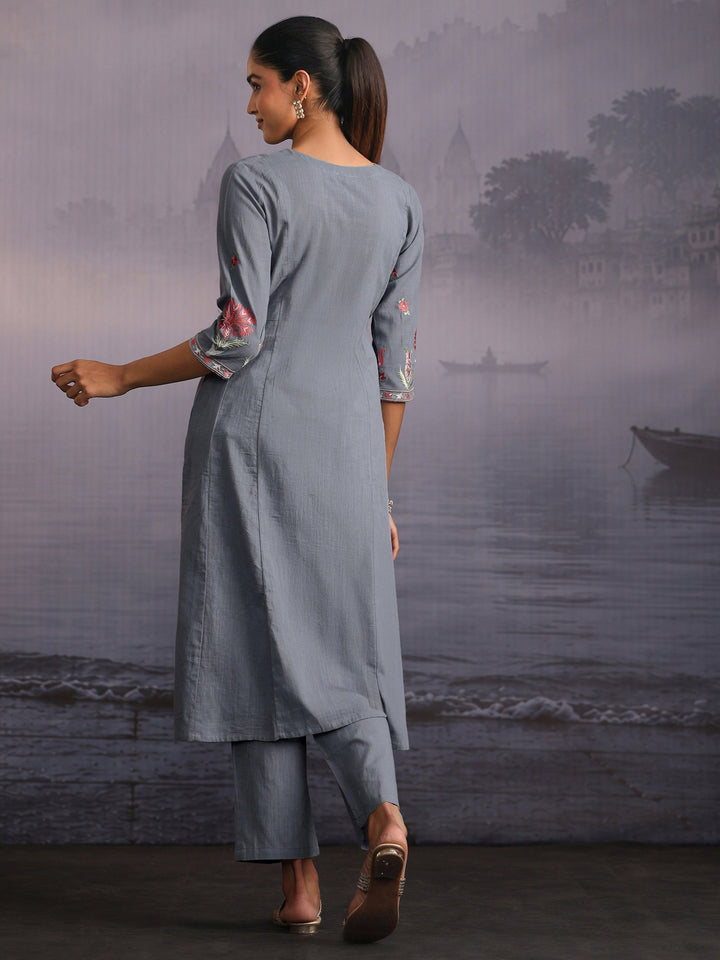 Libas Slate Blue Floral Embroidered Cotton Co-Ord Set