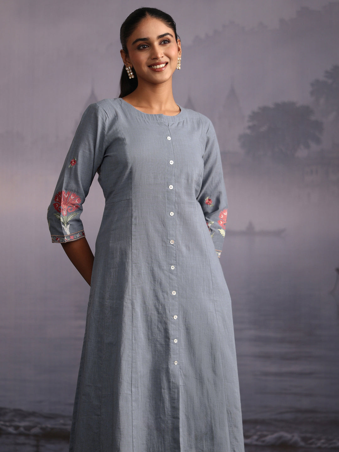 Libas Slate Blue Floral Embroidered Cotton Co-Ord Set