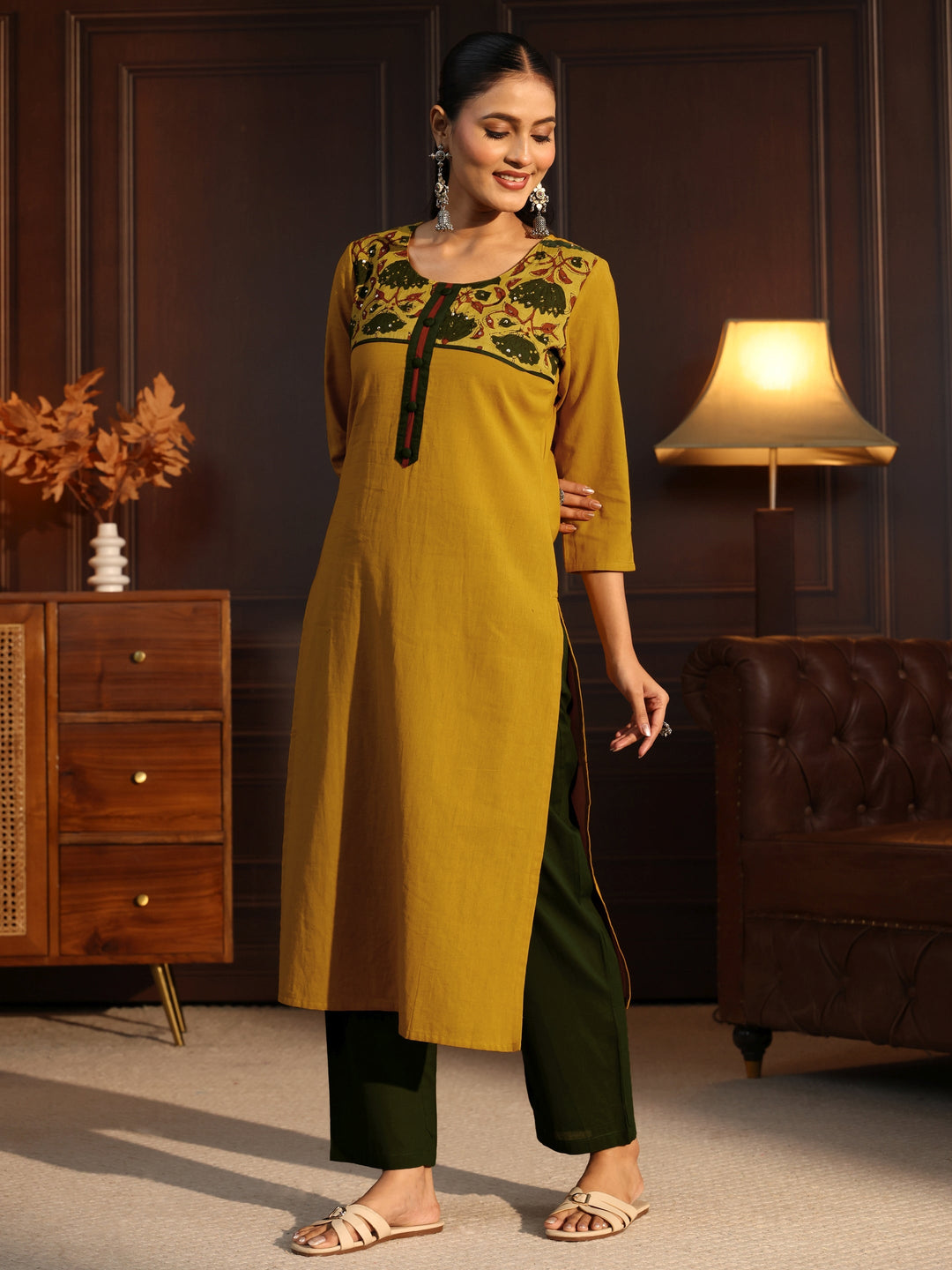 Libas Mustard Printed Cotton Blend Straight Suit Set