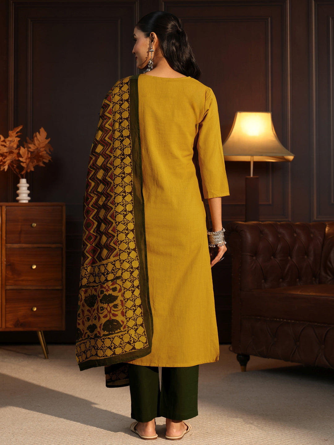 Libas Mustard Printed Cotton Blend Straight Suit Set