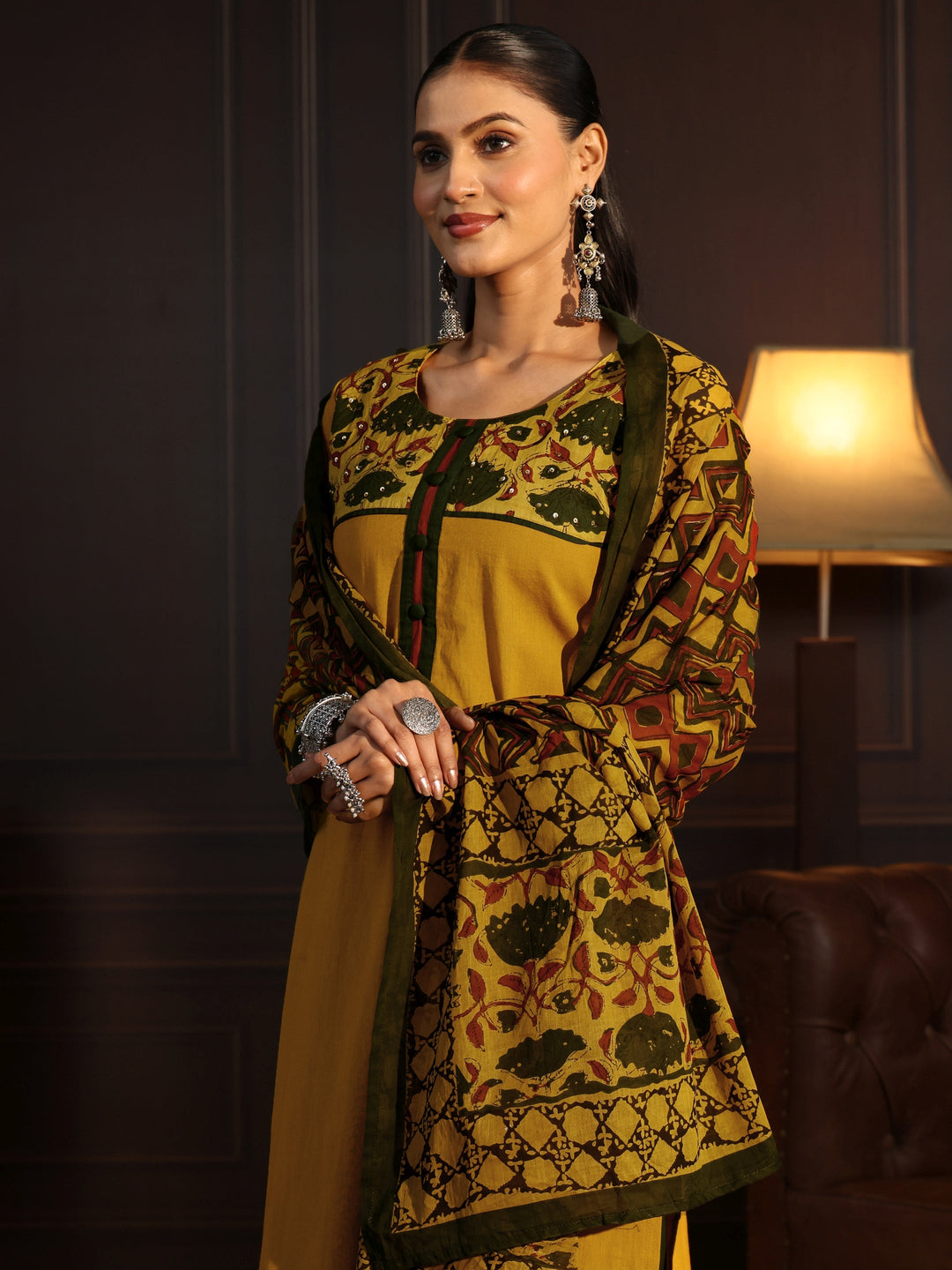 Libas Mustard Printed Cotton Blend Straight Suit Set
