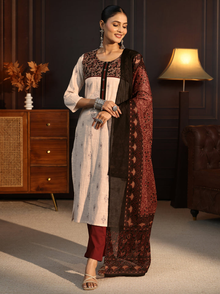 Libas Off White Embroidered Cotton Blend Straight Suit Set