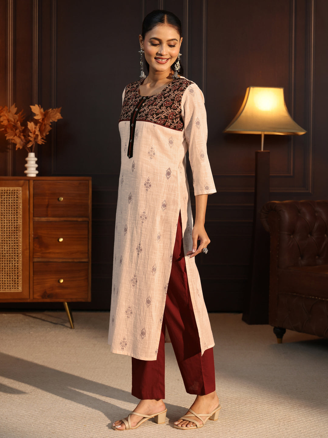 Libas Off White Embroidered Cotton Blend Straight Suit Set